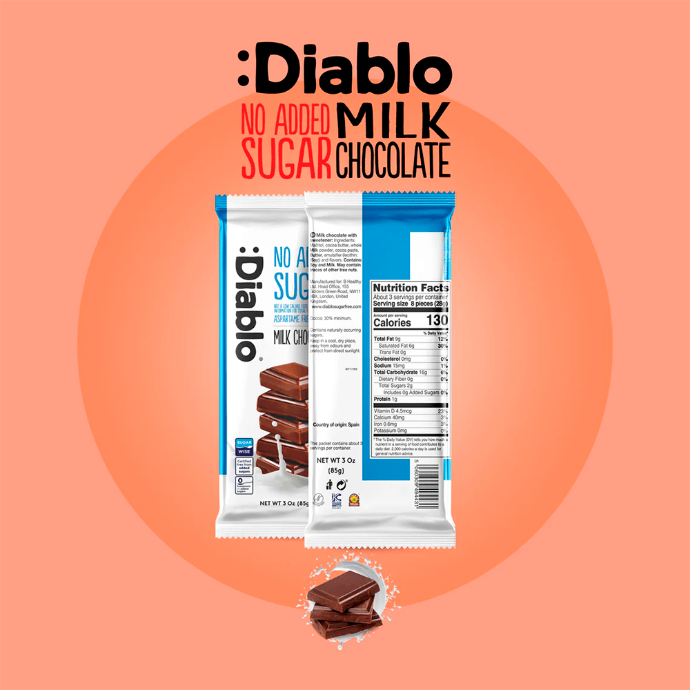 Diablo Milk Chocolate Bar - 85g. (No Added Sugar)
