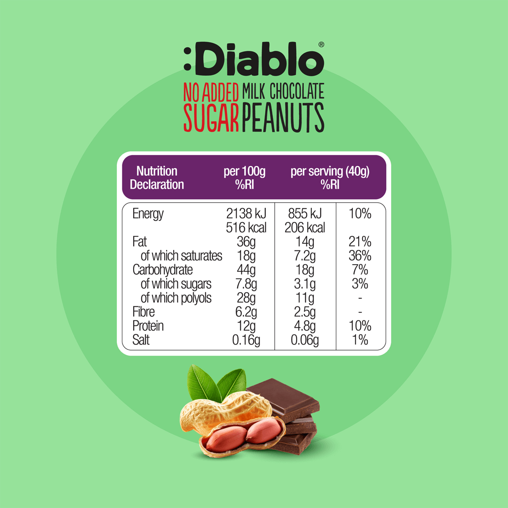 Diablo Milk Chocolate Peanut - 40g. (No Added Sugar)