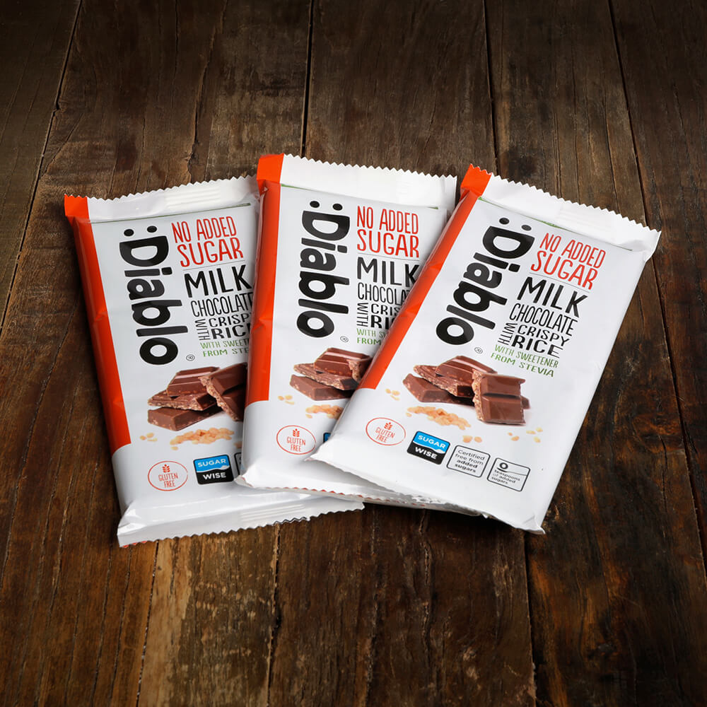 Diablo Milk Chocolate Crispy Rice - 75g. (No Added Sugar)
